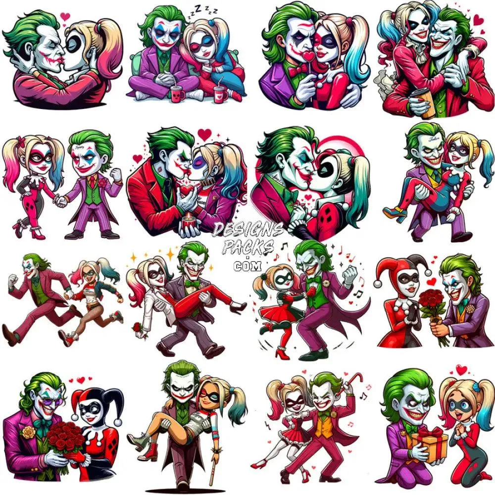 19 Harley & Joker Couple Valentine Designs Bundle PNG