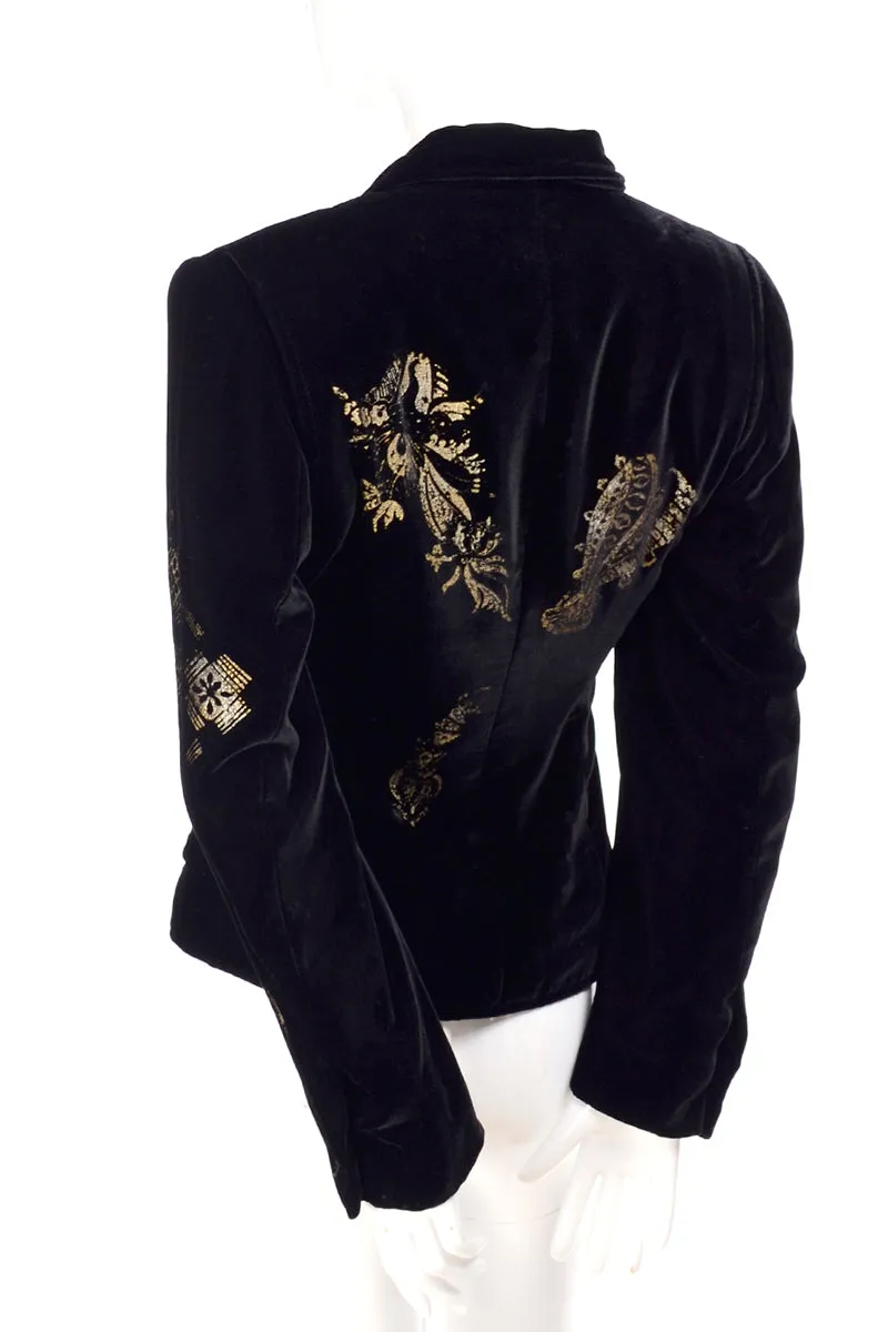 1990s Christian Lacroix Black Velvet Blazer w/ Gold Stencil Stamped Pattern