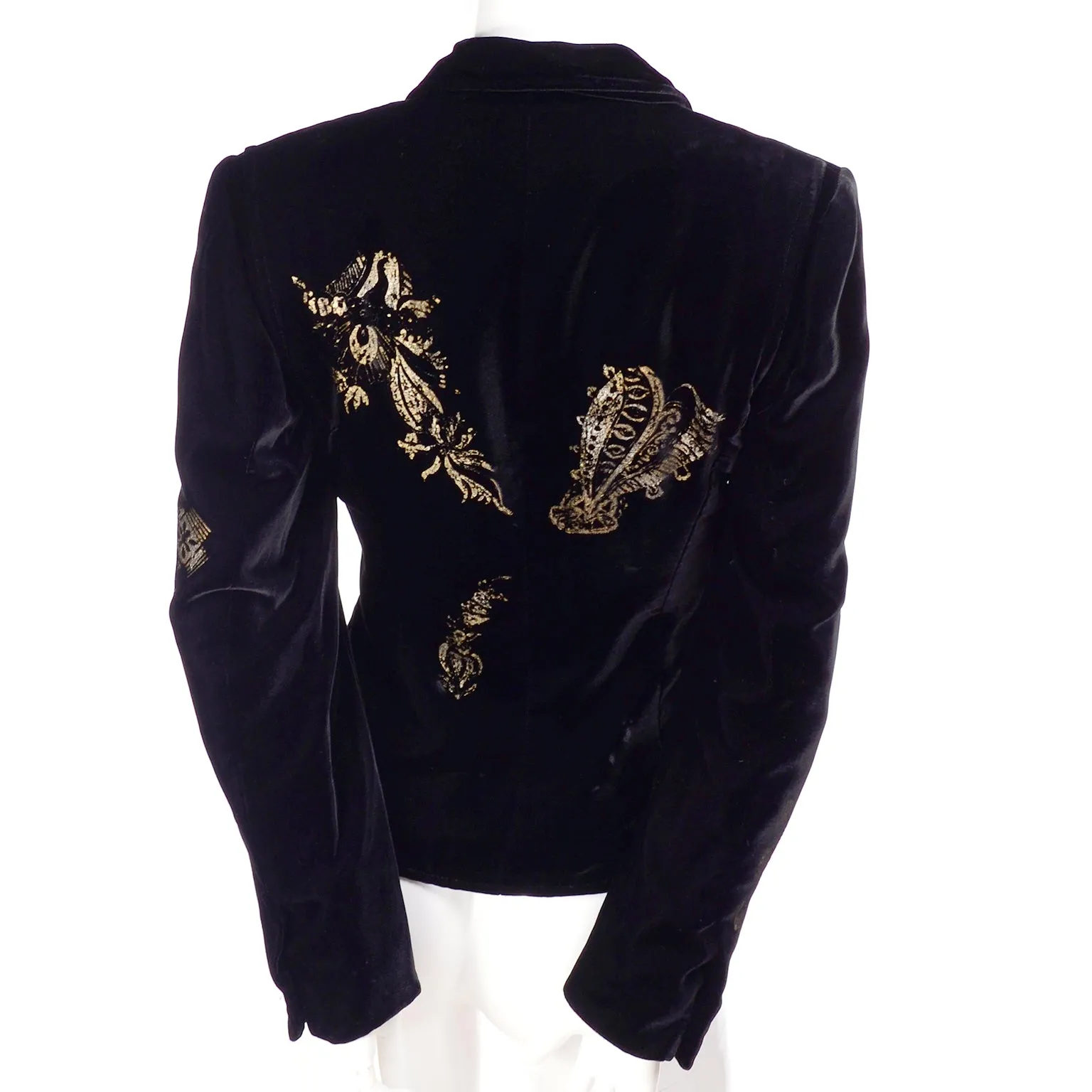 1990s Christian Lacroix Black Velvet Blazer w/ Gold Stencil Stamped Pattern