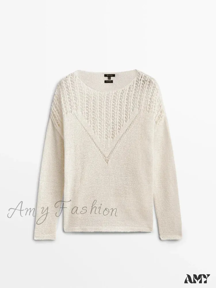 2024 Autumn New Style Loose Version Hollow-out Design Solid Color Long-sleeved Stylish Sweater