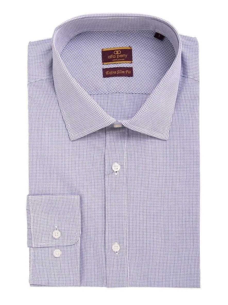 Alfa Perry Men's Extra-Slim Fit Blue Mini Check Spread Collar Cotton Dress Shirt