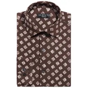 ALFANI Men's Slim Fit Non-Iron 4 Way Stretch Button Up, Brown & White, 16-16.5