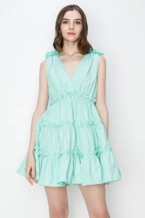 Aqua V-Neck Ruffled Mini Dress