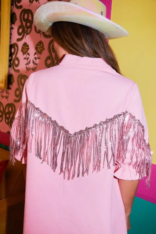 Baby Pink Metallic Fringe Shirt Dress