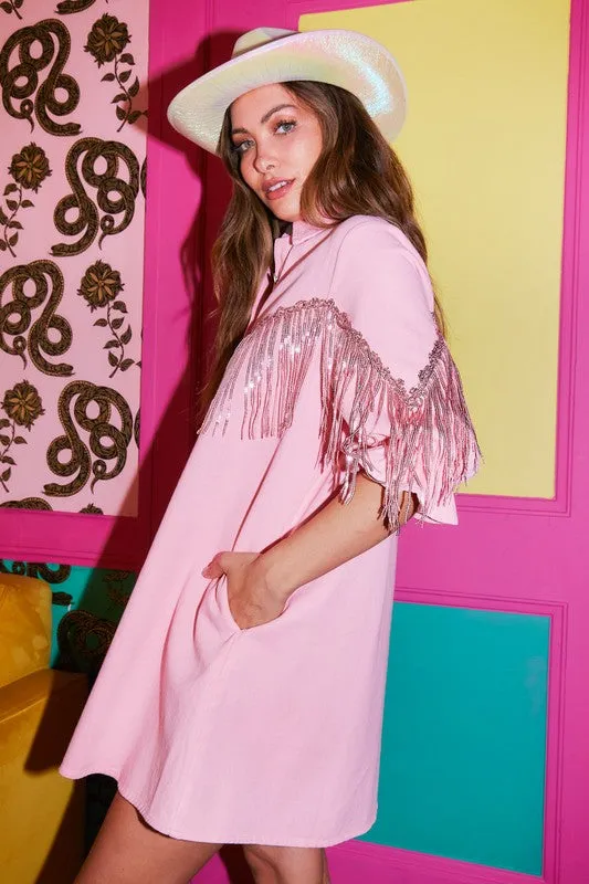 Baby Pink Metallic Fringe Shirt Dress