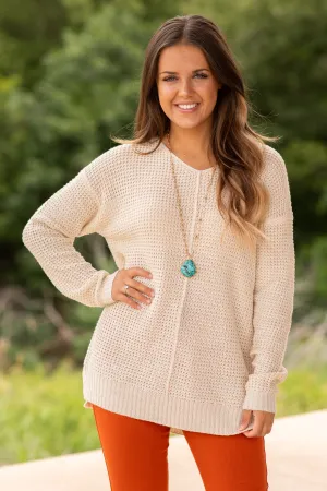 Beige V-Neck Waffle Knit Sweater With Seam