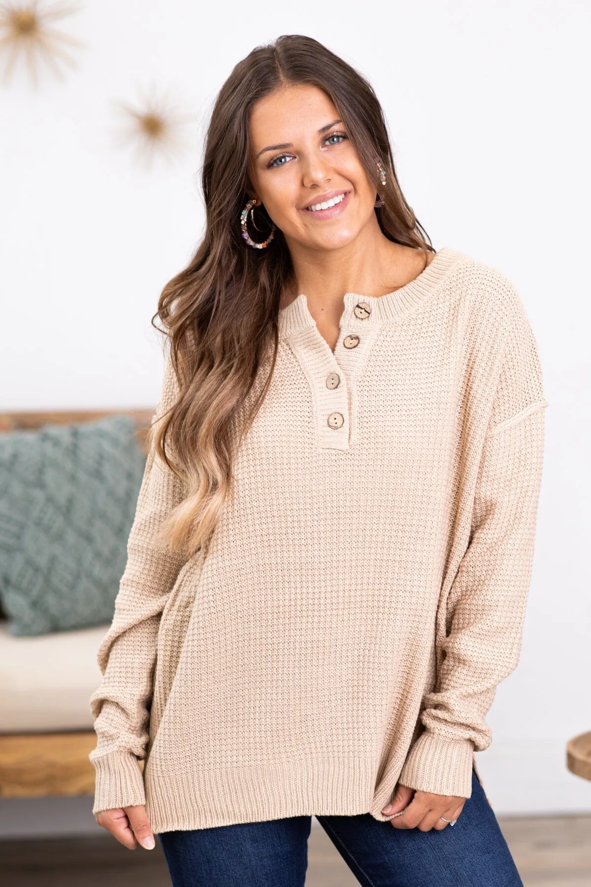 Beige Waffle Knit Sweater With Buttons