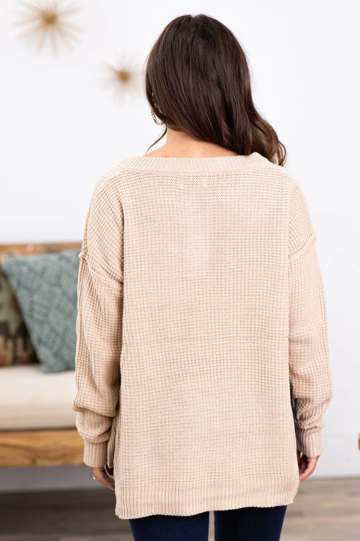 Beige Waffle Knit Sweater With Buttons