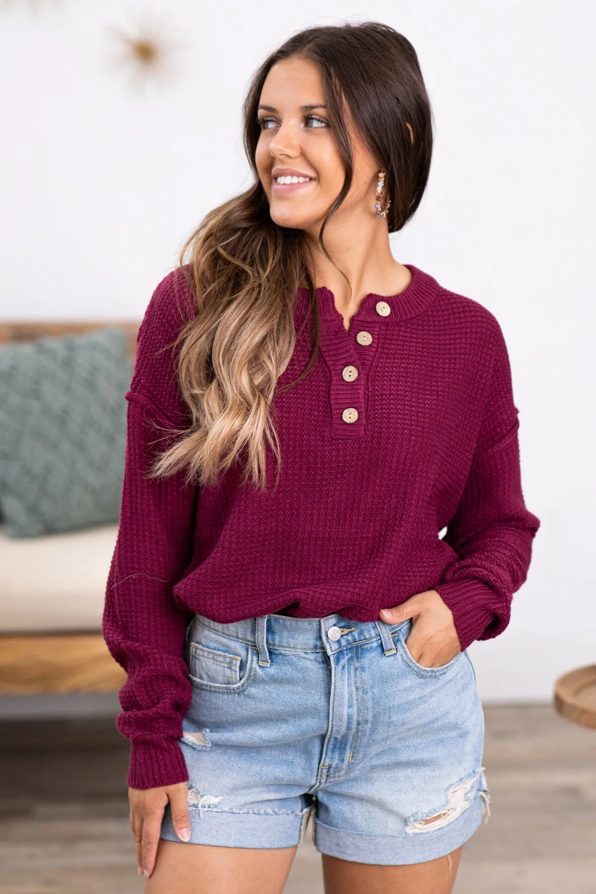 Berry Waffle Knit Sweater With Buttons