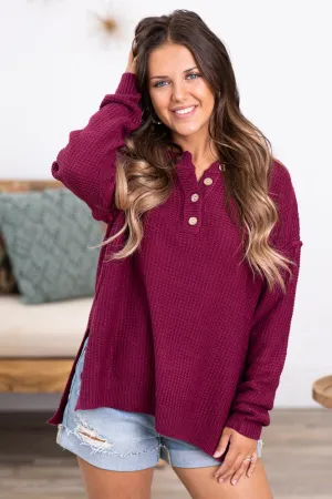 Berry Waffle Knit Sweater With Buttons