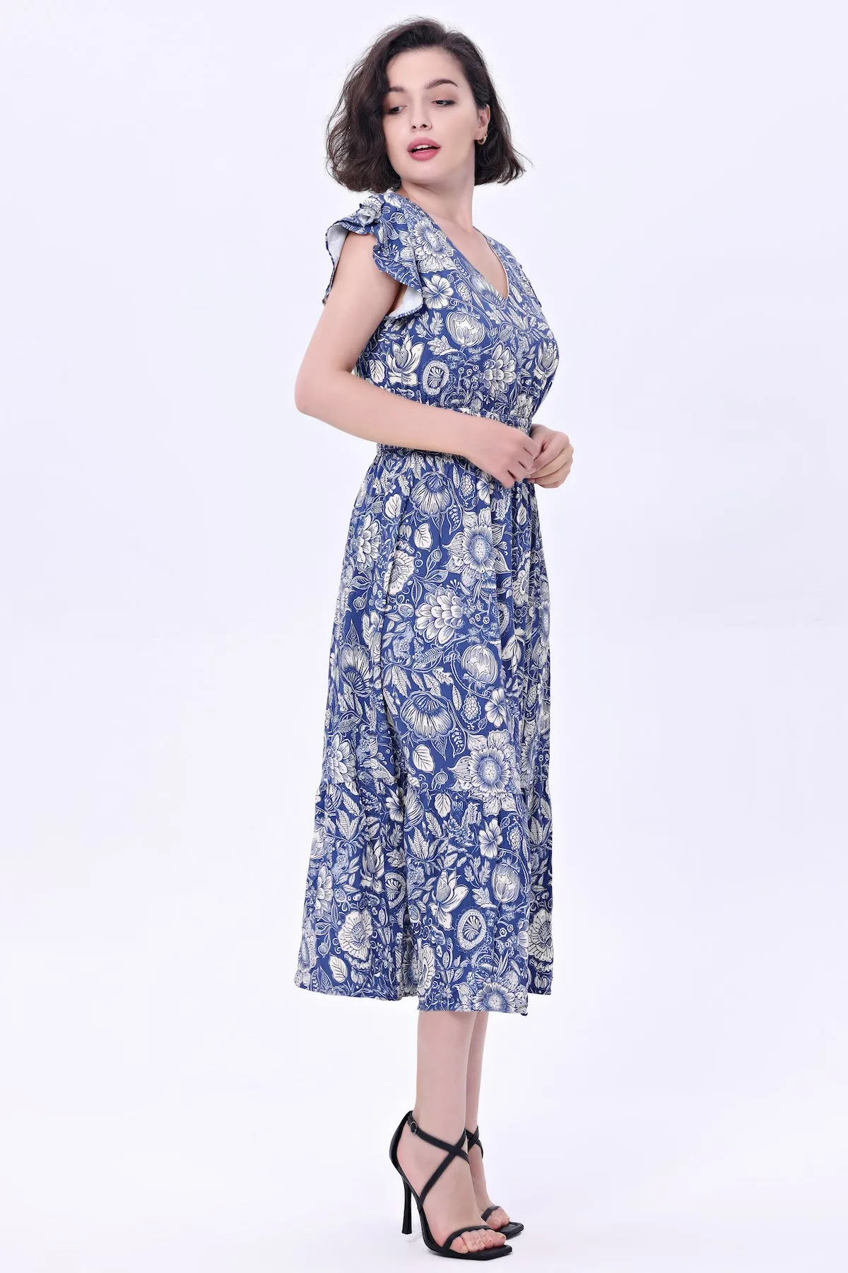 Blue Floral Daisy Midi Dress by Miss Lulo