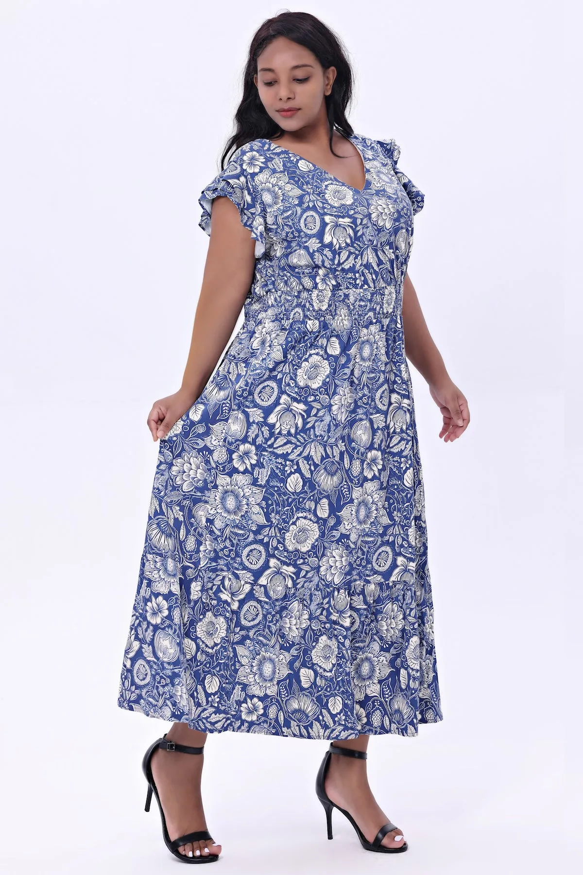 Blue Floral Daisy Midi Dress by Miss Lulo