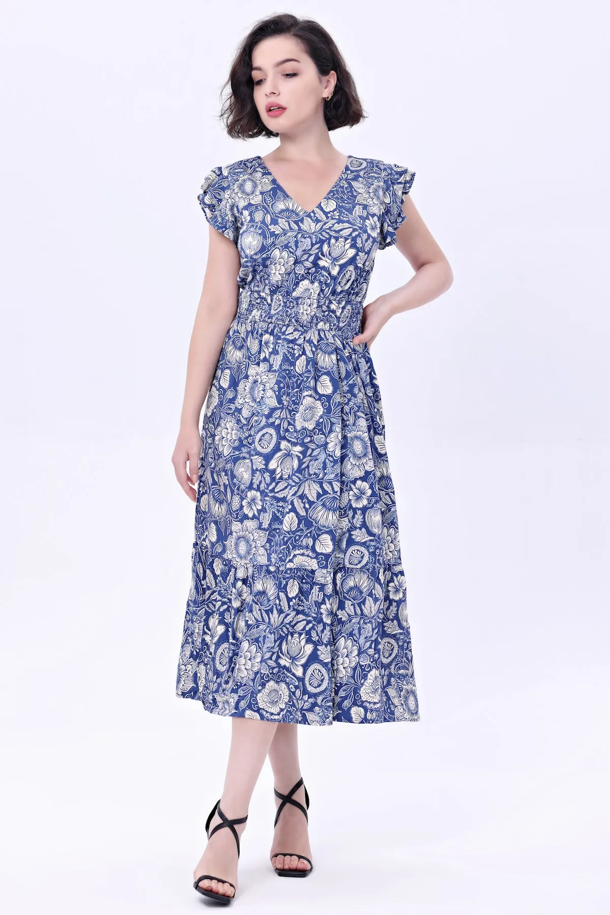 Blue Floral Daisy Midi Dress by Miss Lulo