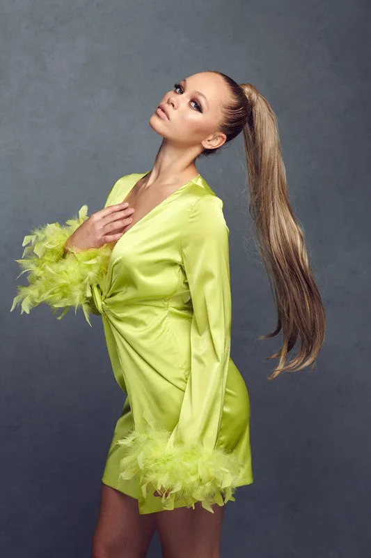 Chartreuse Satin Feather Trim Mini Dress