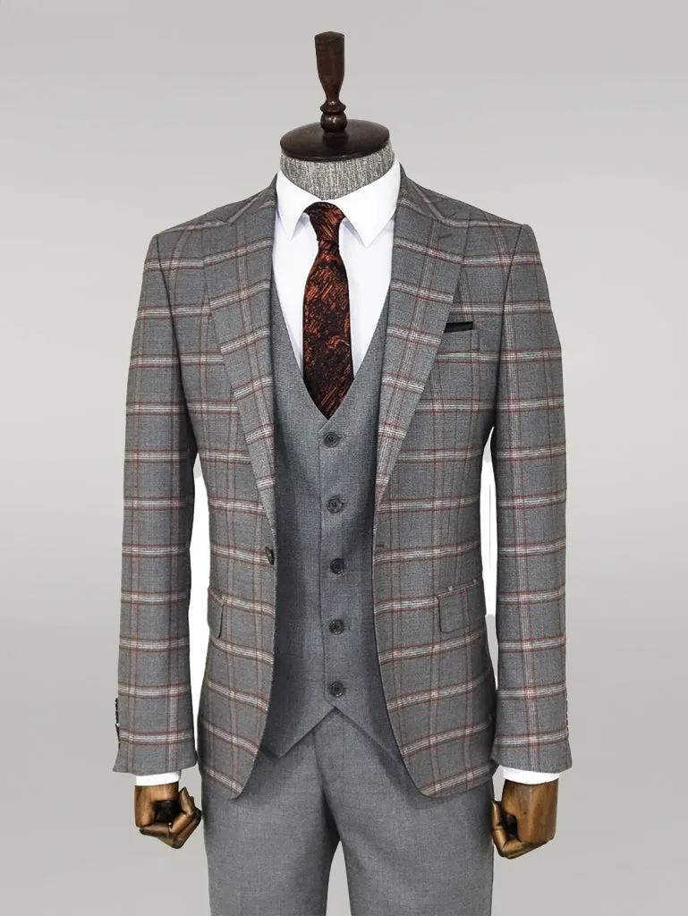 Checked Patterned Grey Slim Fit Suit - Wessi