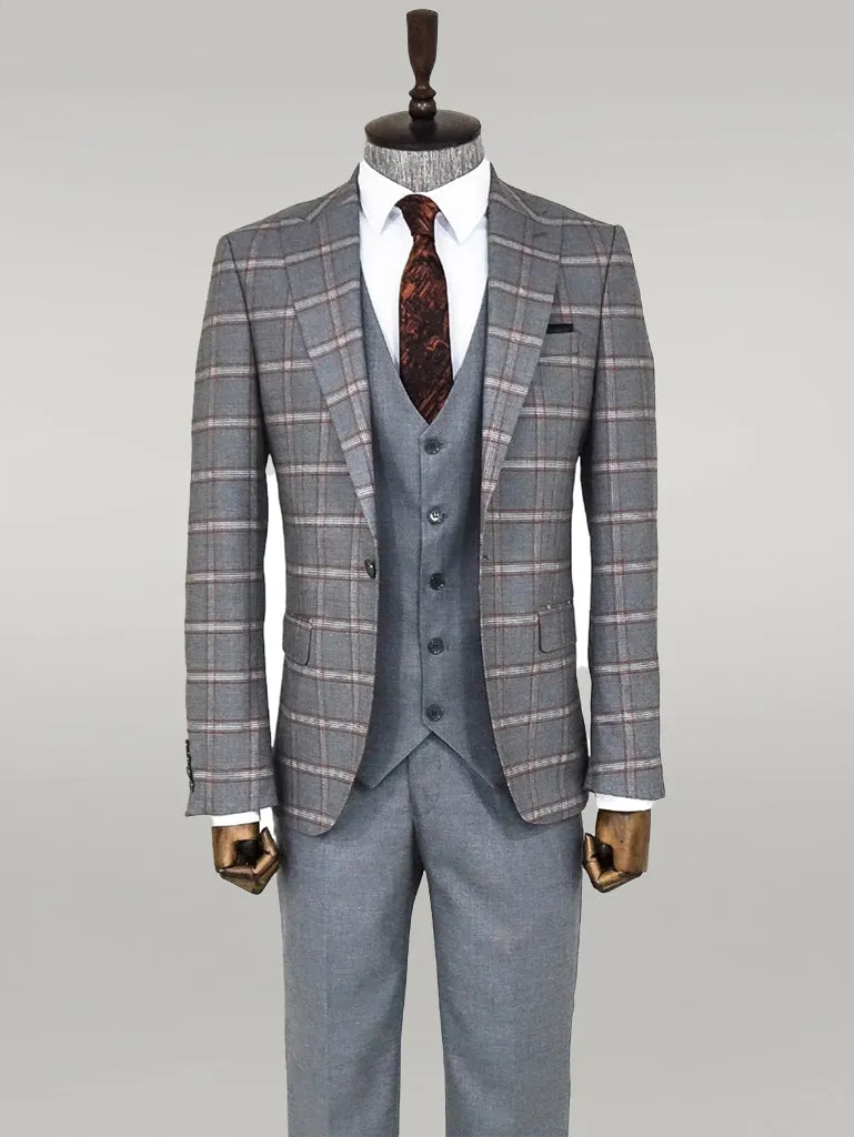 Checked Patterned Grey Slim Fit Suit - Wessi