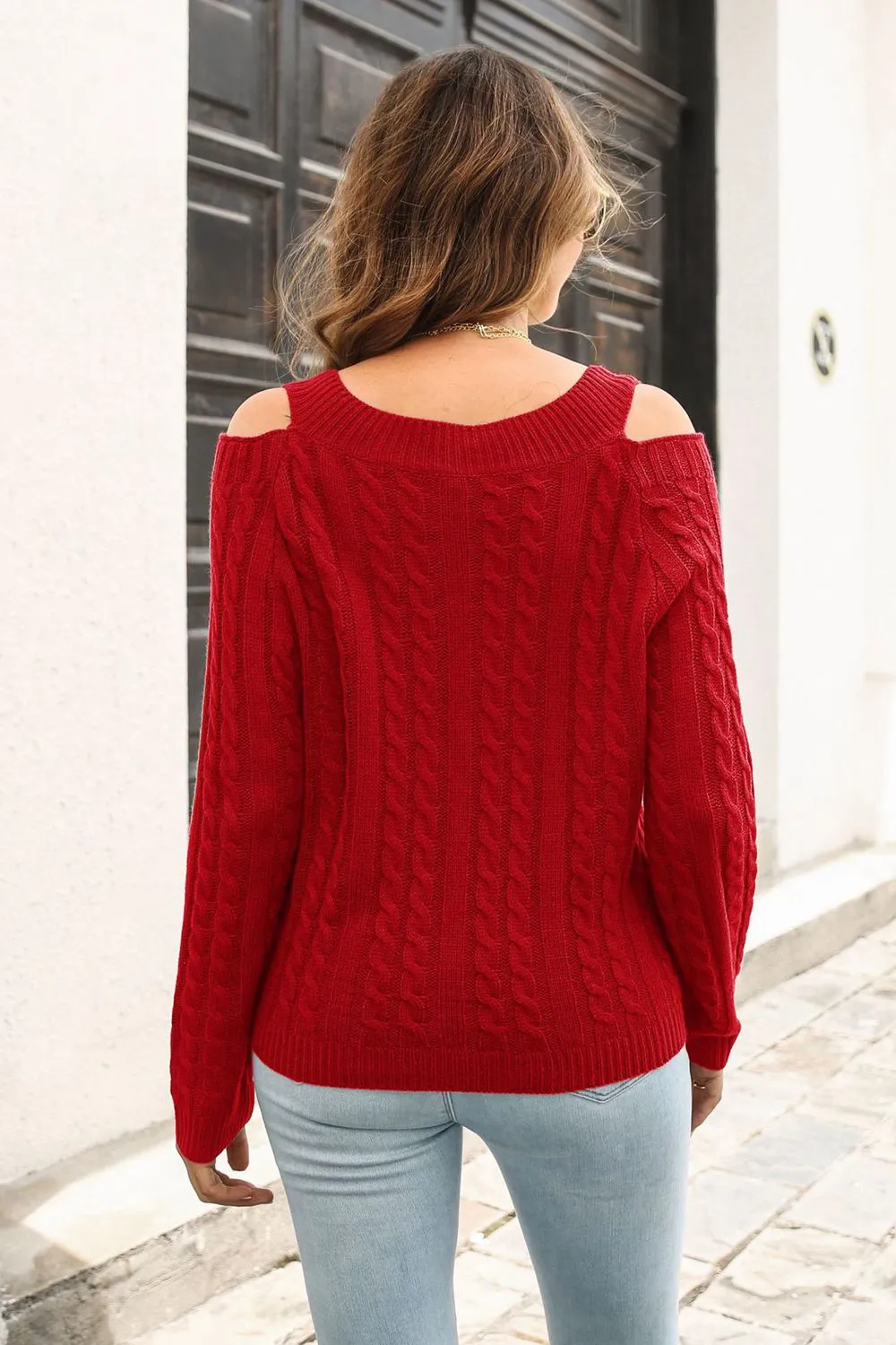 Cold Shoulder V-Neck Cable-Knit Pullover Sweater