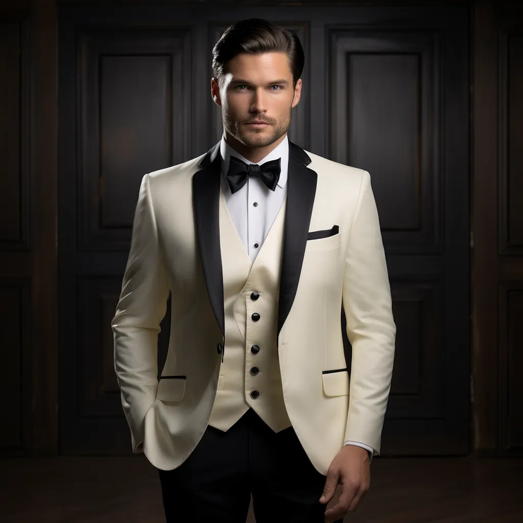 Cream Tuxedo with Black Satin Shawl Lapels - The Perfect Wedding and Business Suit for Men