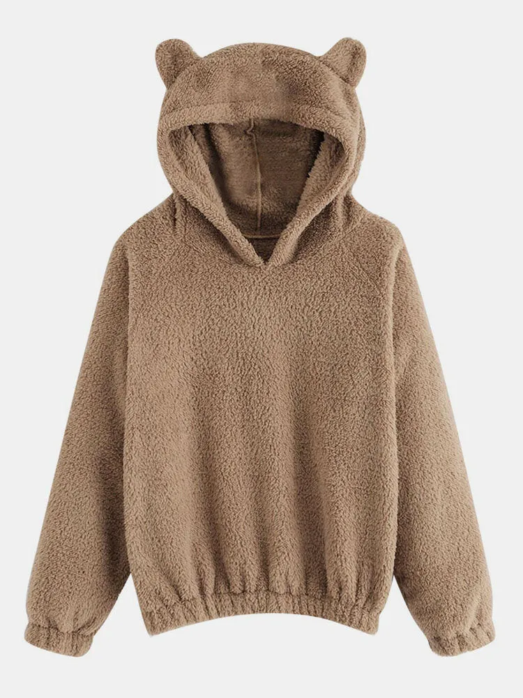 Cutie CasualSolid Color Fuzzy Ear Long Sleeve Patchwork Teddy Hoodies