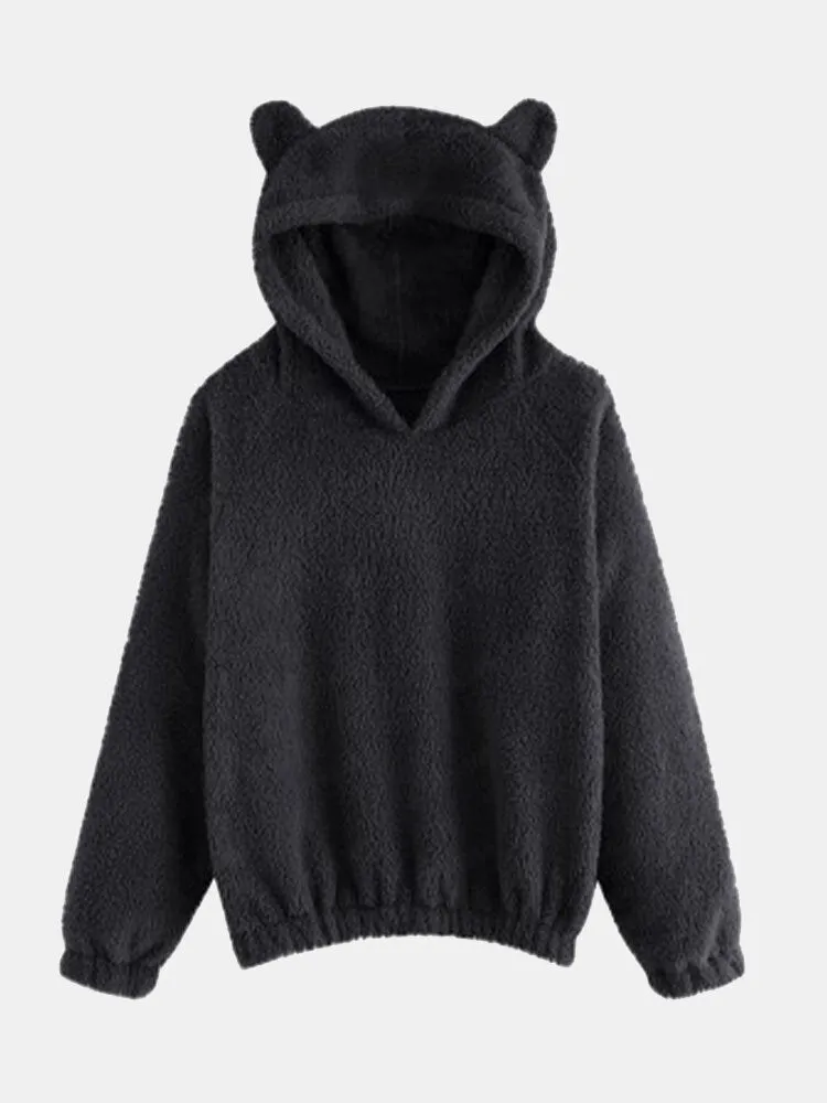 Cutie CasualSolid Color Fuzzy Ear Long Sleeve Patchwork Teddy Hoodies