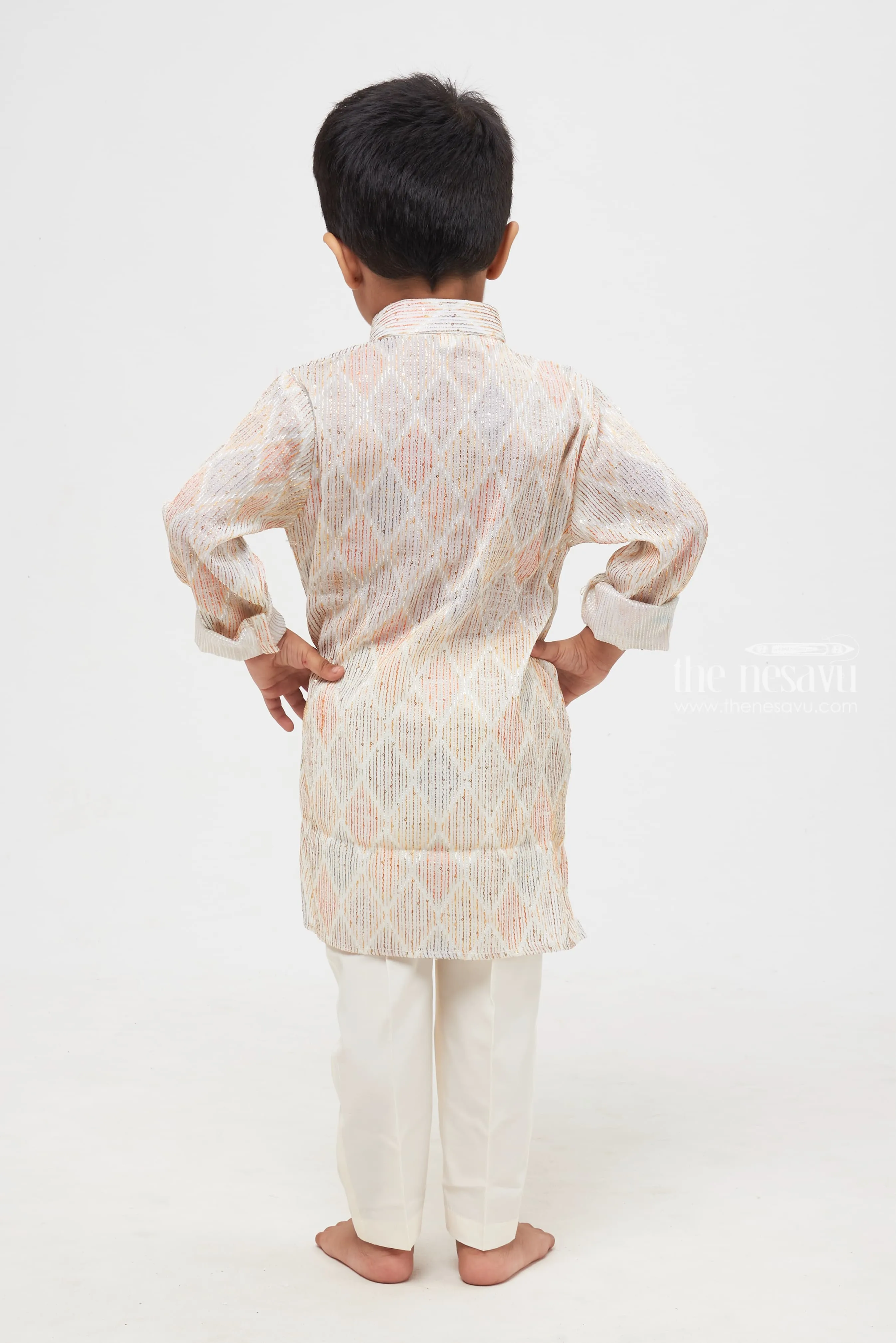 Elegant Luminance: Boys' Shimmering Diamond-Patterned Shirt with Classic White Trousers