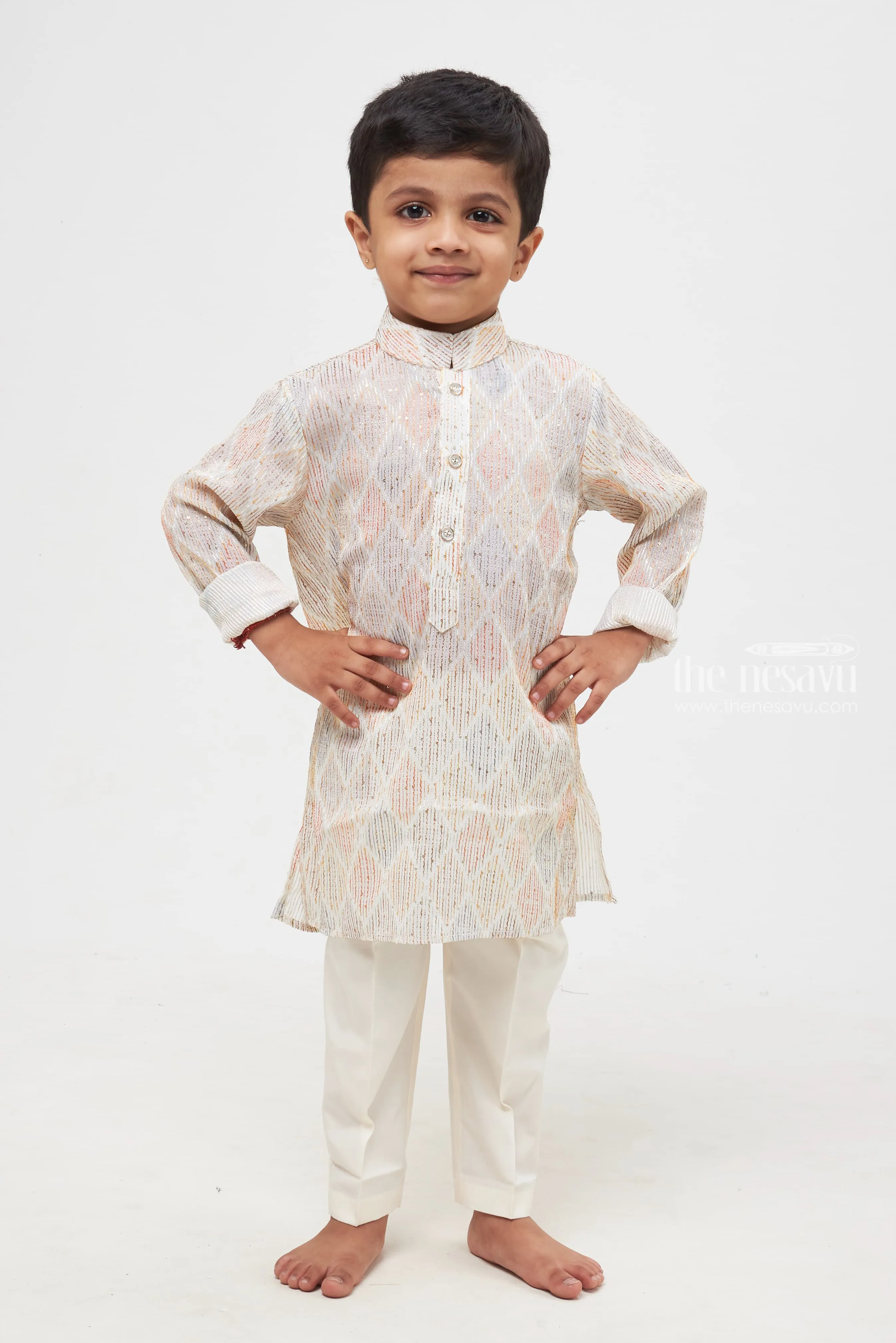 Elegant Luminance: Boys' Shimmering Diamond-Patterned Shirt with Classic White Trousers