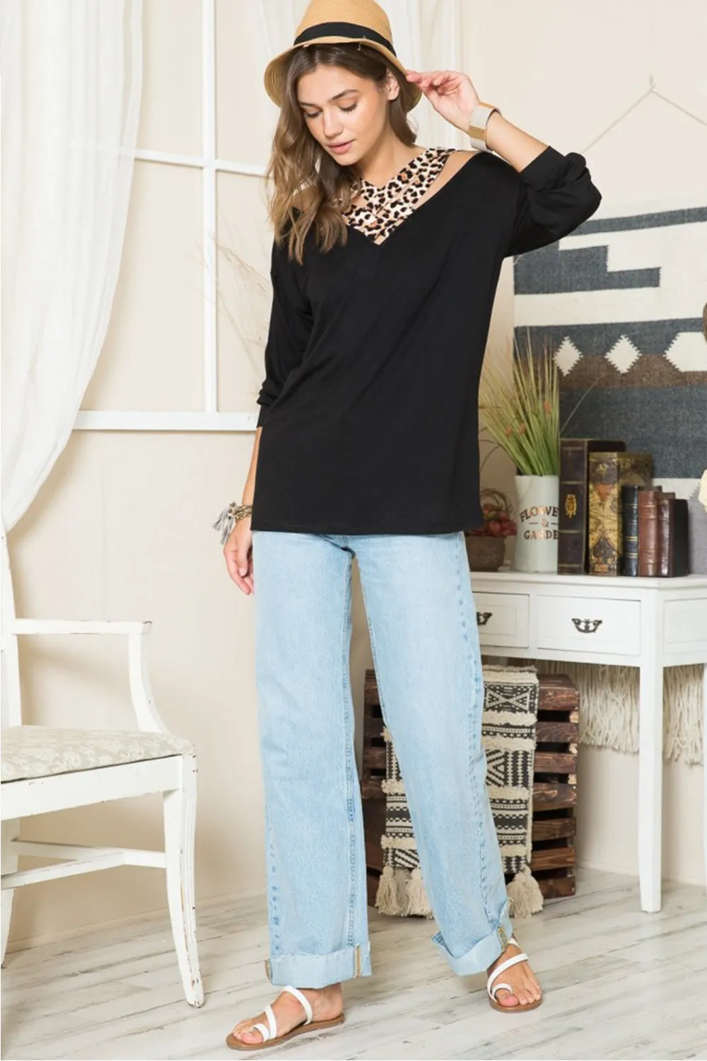 Full Size Leopard Braided Strap Long Sleeve T-Shirt