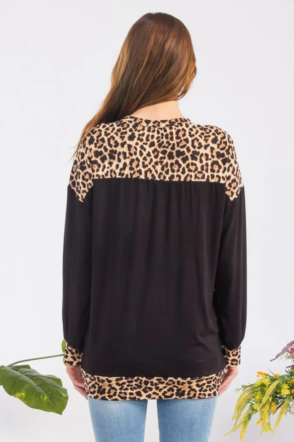 Full Size Leopard Round Neck Dropped Shoulder T-Shirt