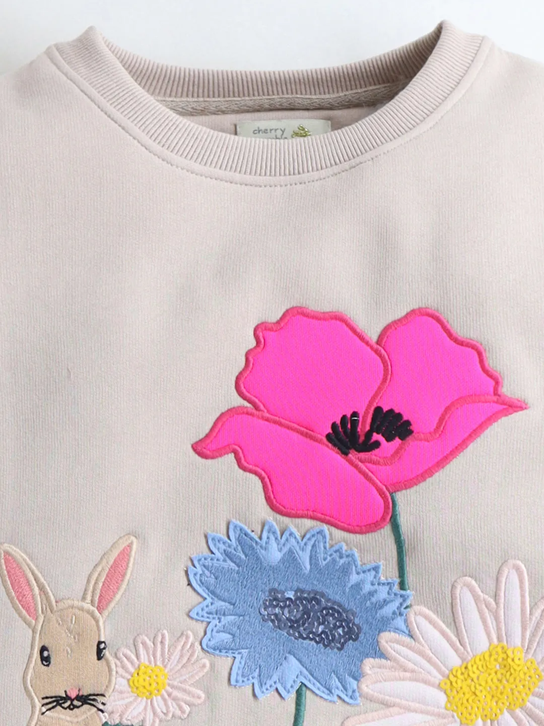 Girls Cream Embellished Applique Sweatshirt