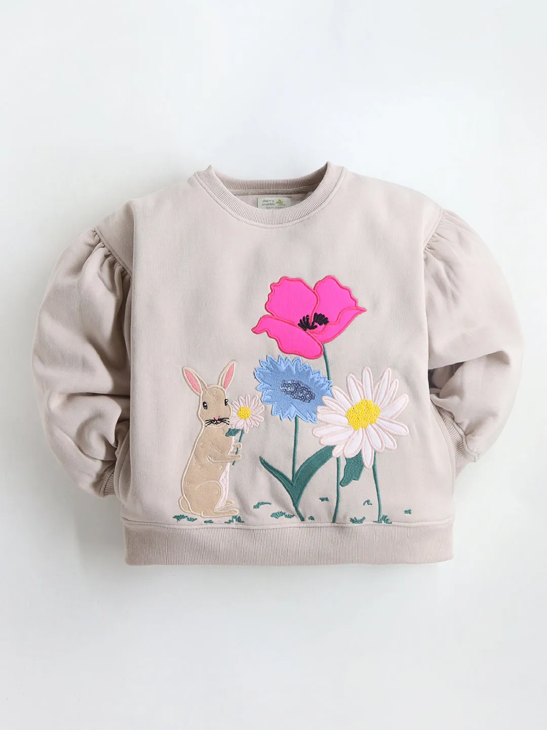 Girls Cream Embellished Applique Sweatshirt