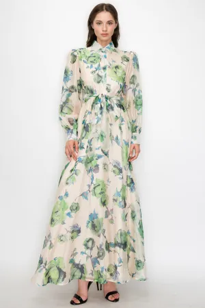 Green/Blue Organza Flower print Self-belt Shirt Maxi Dress