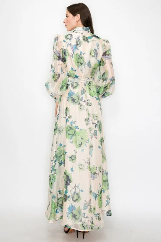 Green/Blue Organza Flower print Self-belt Shirt Maxi Dress