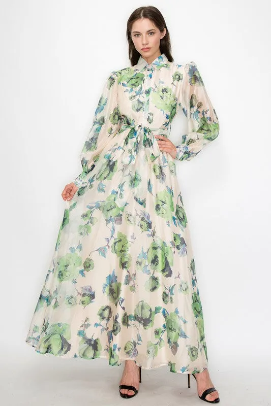 Green/Blue Organza Flower print Self-belt Shirt Maxi Dress