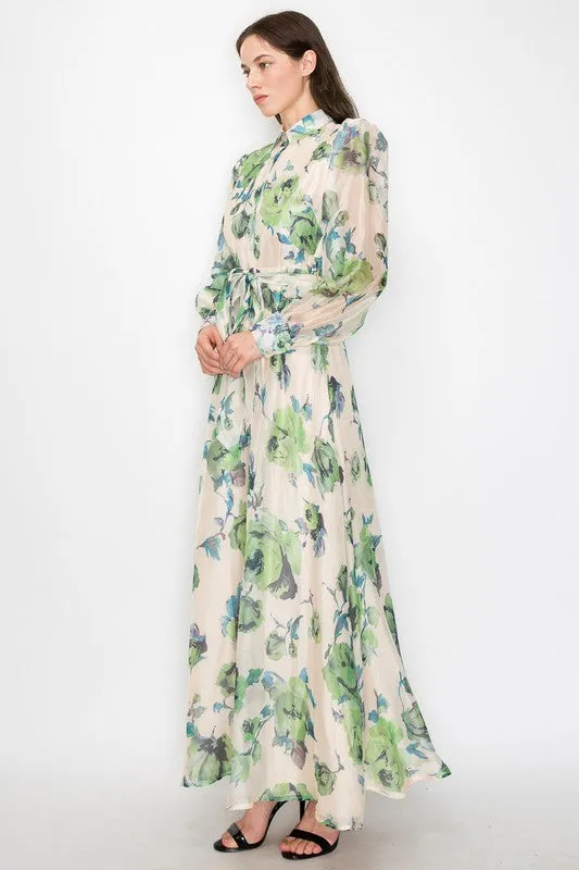 Green/Blue Organza Flower print Self-belt Shirt Maxi Dress