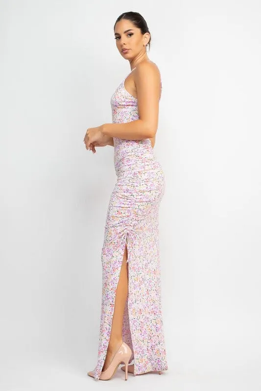 Ice Lavender Floral Slit Ruched Maxi Dress