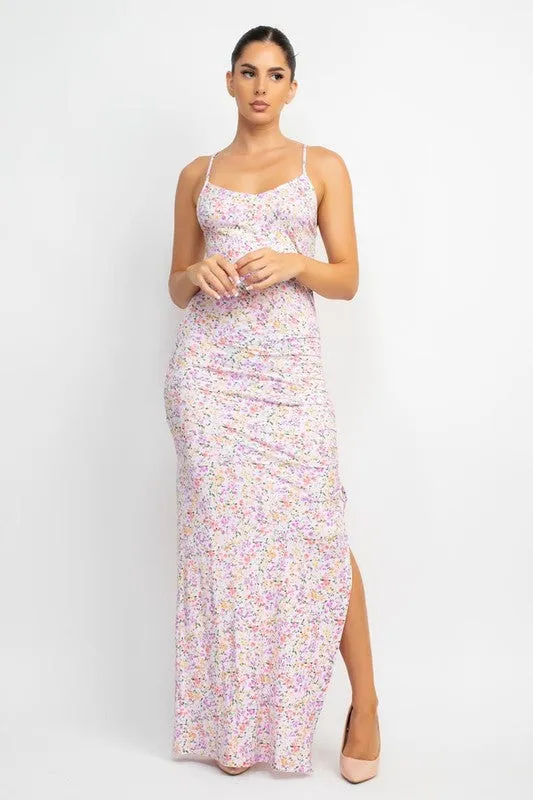 Ice Lavender Floral Slit Ruched Maxi Dress