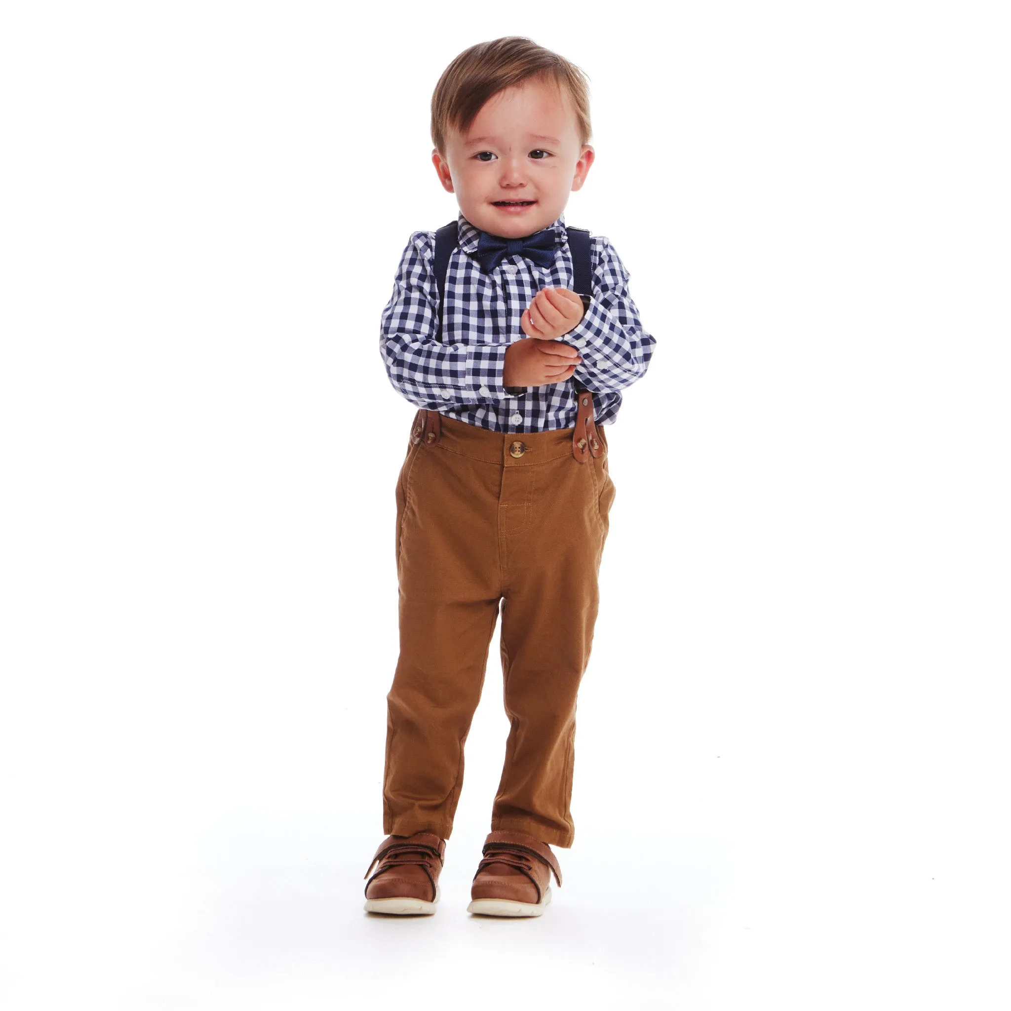 Infant 4-Piece Set Buttondown Suspenders & Pant Set | Navy Gingham