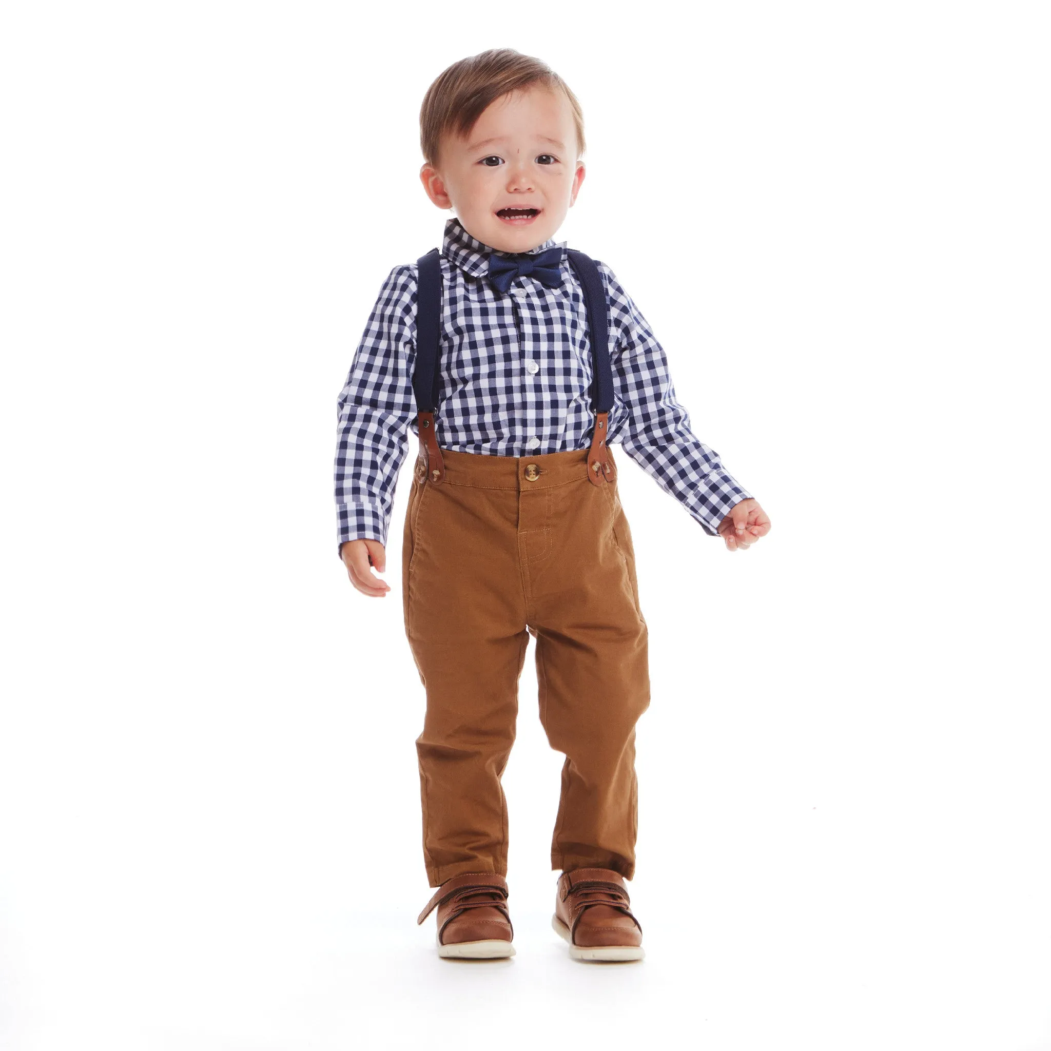 Infant 4-Piece Set Buttondown Suspenders & Pant Set | Navy Gingham