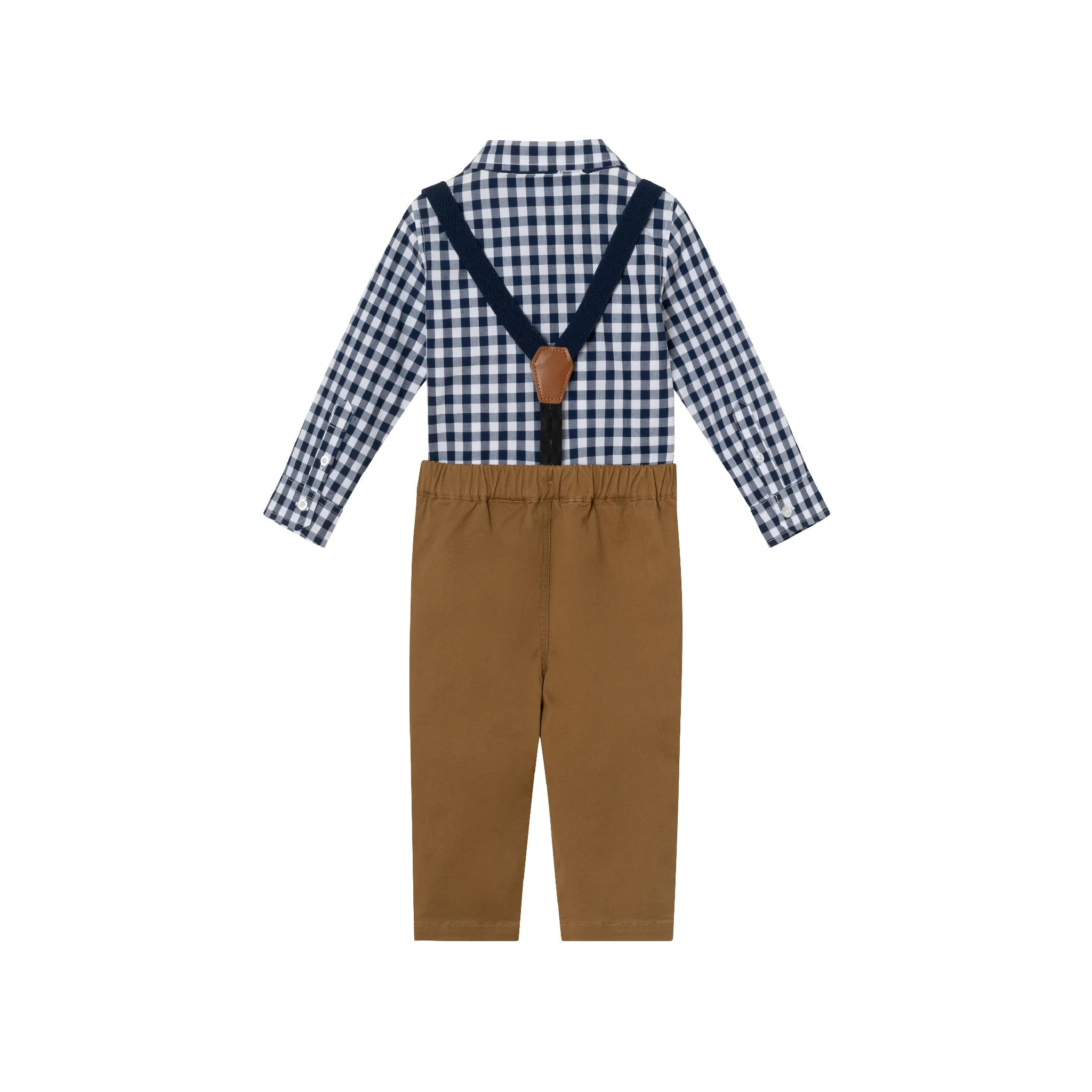 Infant 4-Piece Set Buttondown Suspenders & Pant Set | Navy Gingham