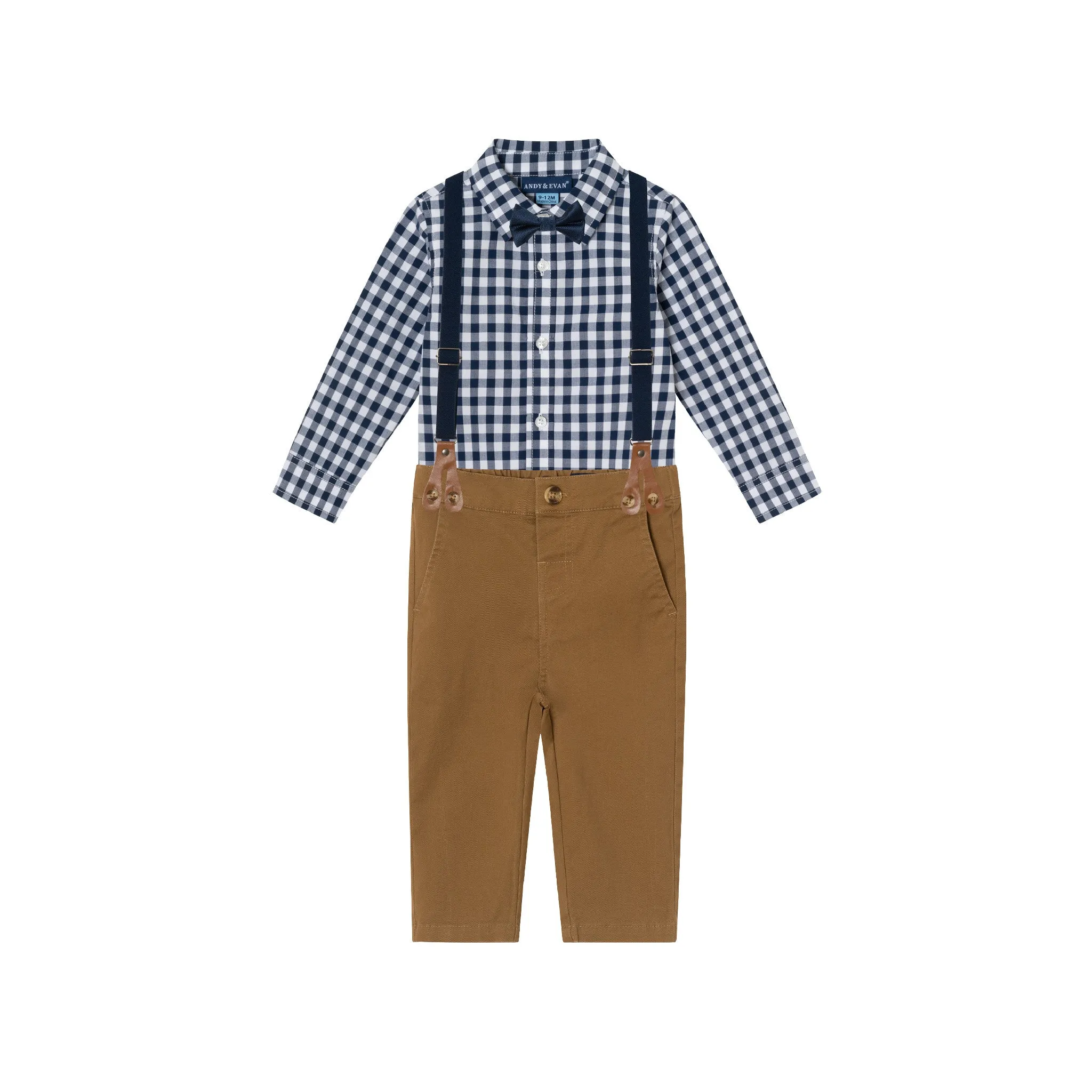 Infant 4-Piece Set Buttondown Suspenders & Pant Set | Navy Gingham