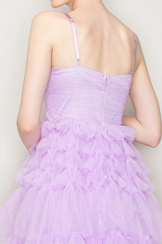 Lavender Sleeveless Tulle Tiered Ruffled Maxi Dress