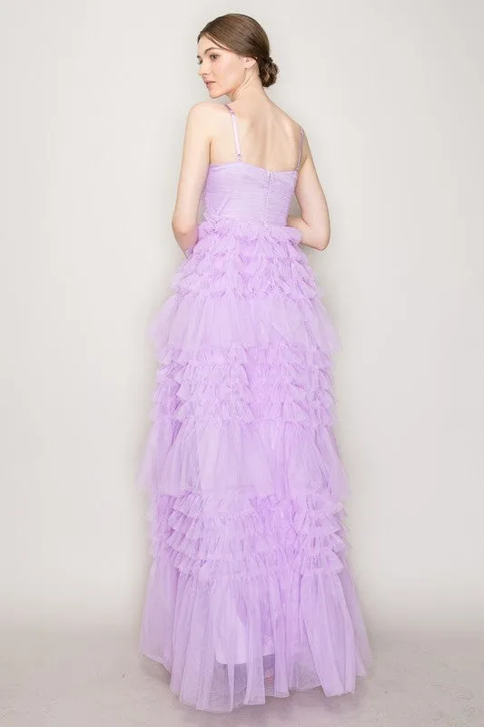 Lavender Sleeveless Tulle Tiered Ruffled Maxi Dress