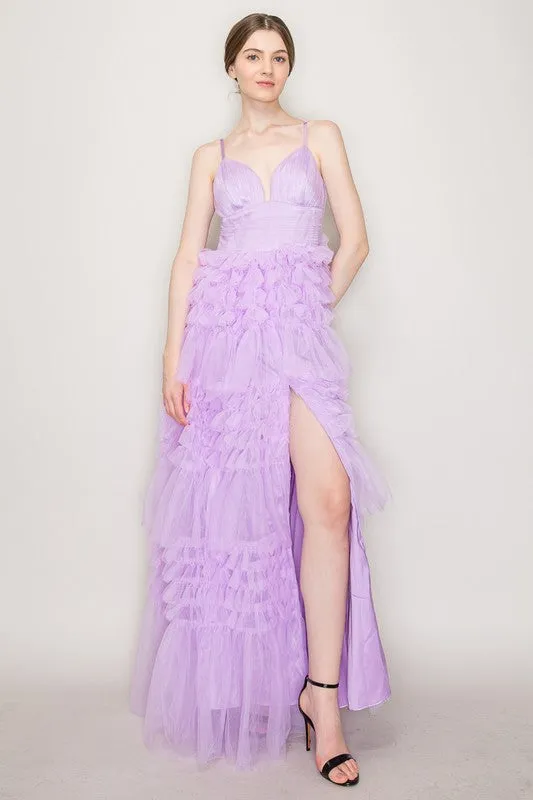 Lavender Sleeveless Tulle Tiered Ruffled Maxi Dress