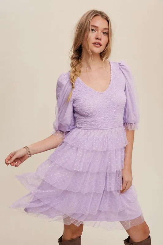 Lavender Tiered Ruffle Smocked V-neck Polka Dot Mesh Dress