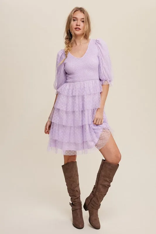 Lavender Tiered Ruffle Smocked V-neck Polka Dot Mesh Dress