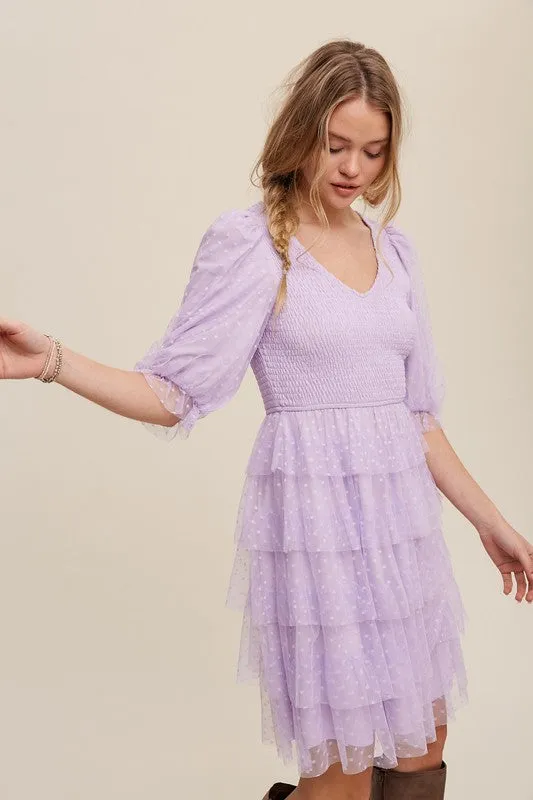 Lavender Tiered Ruffle Smocked V-neck Polka Dot Mesh Dress