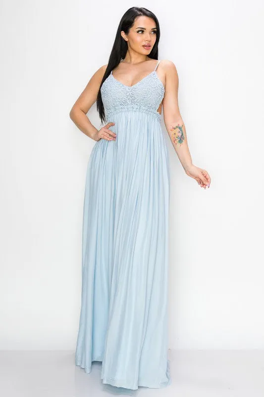 Light Blue Maxi Dress Crochet Upper Body Open Back Elastic