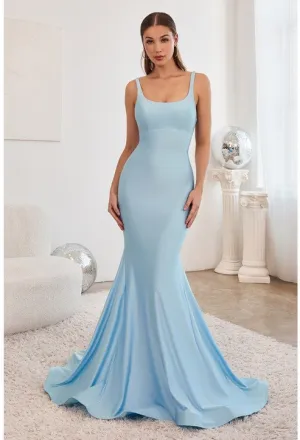 Light Blue Stretch Mermaid Gown With Lace Up Back