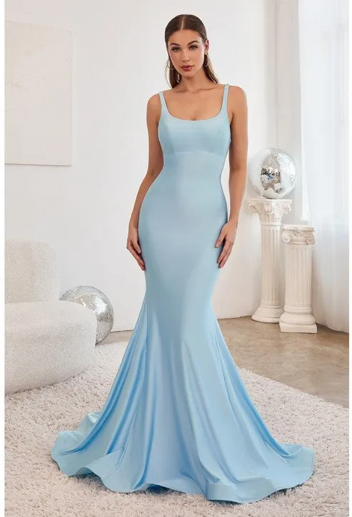 Light Blue Stretch Mermaid Gown With Lace Up Back