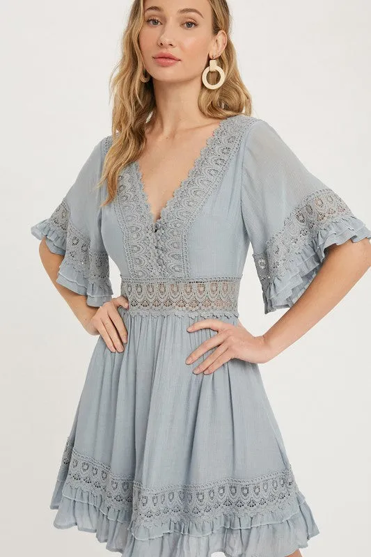 Light Blue V-neck Lace Trim Dress